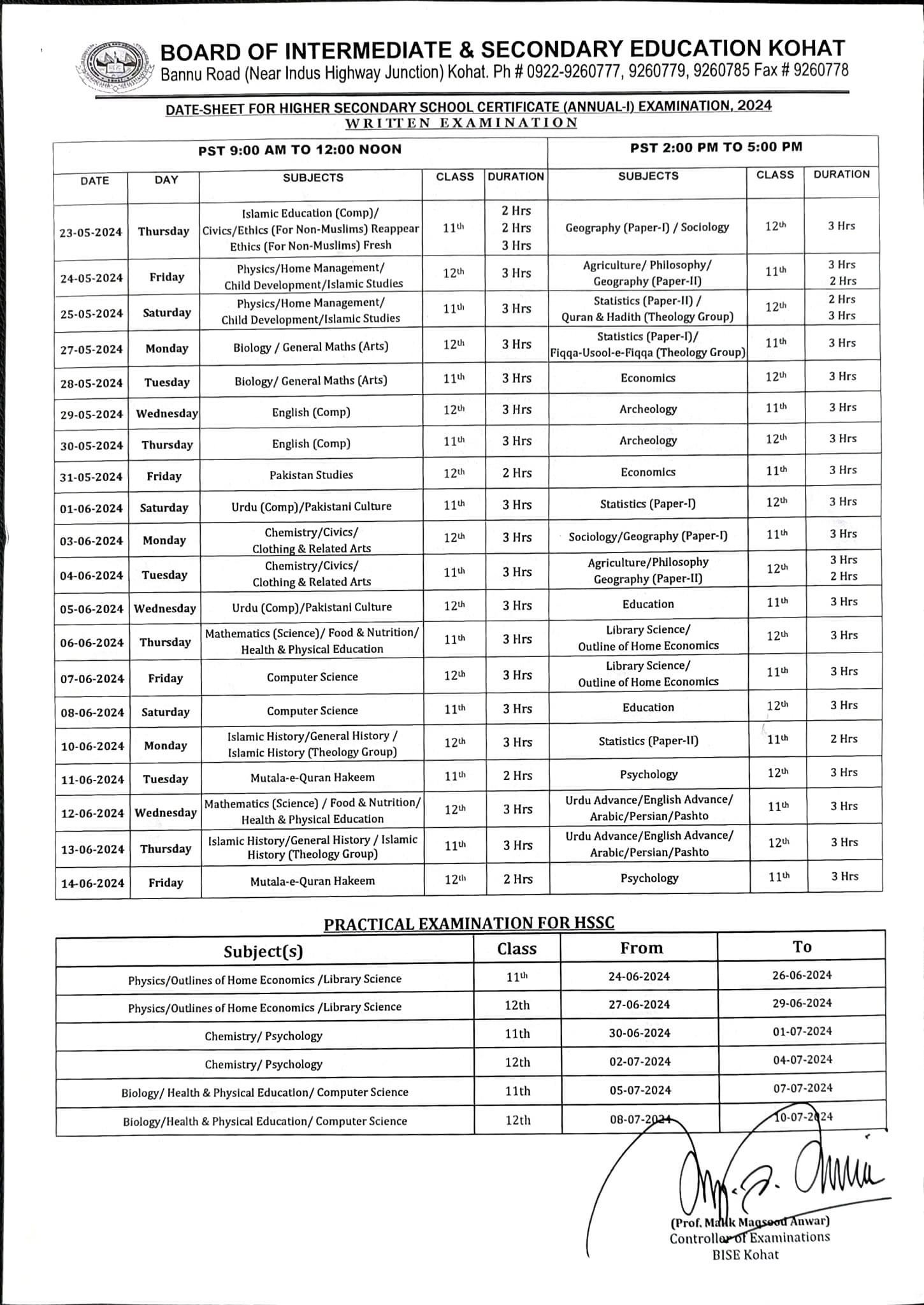 bise Kohat F.A Fsc Annual Exam Date Sheet