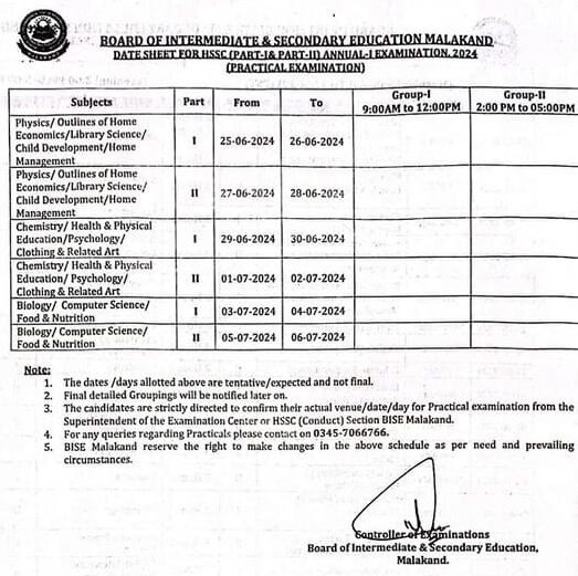 bise malakand hssc part 1,2 date sheet 